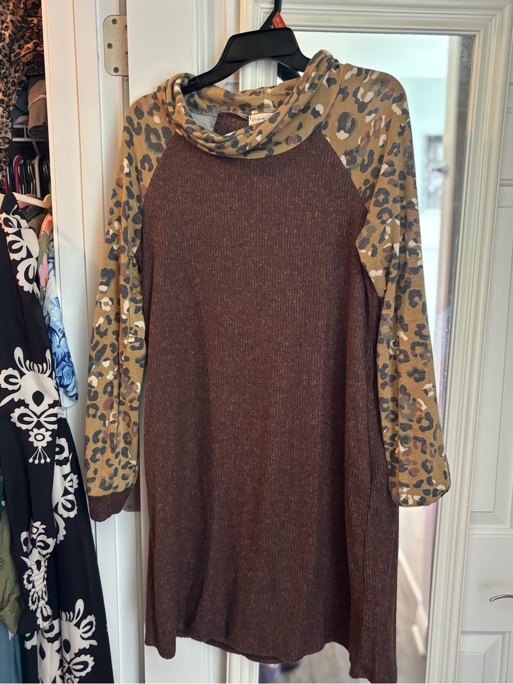 Cozy Brown Cowl Neck Dress with Leopard Raglan Sleeves